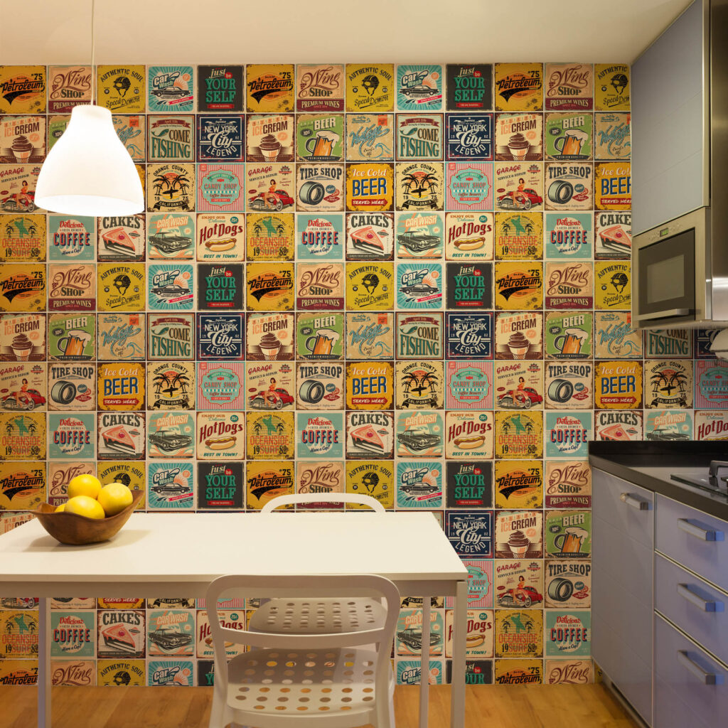 Azulejo com adesivo atrás da mesa